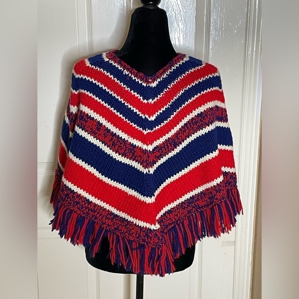 Handknitted Patchwork Wool Colorful Festival Boho Fringe Poncho Wrap - Picture 2 of 10